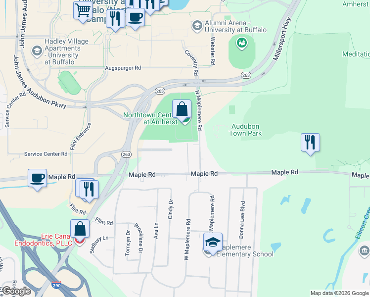 map of restaurants, bars, coffee shops, grocery stores, and more near 74 Das Court in Buffalo