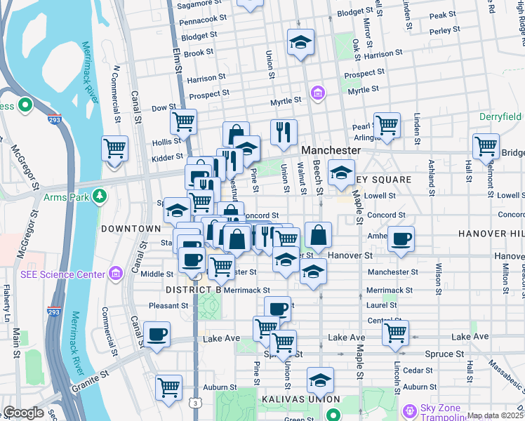 map of restaurants, bars, coffee shops, grocery stores, and more near 148 Concord Street in Manchester