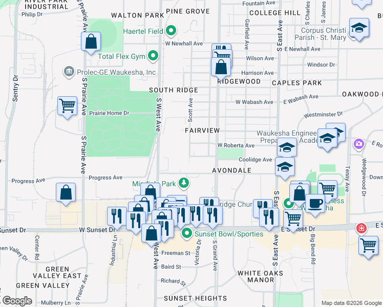 map of restaurants, bars, coffee shops, grocery stores, and more near 344 Coolidge Avenue in Waukesha