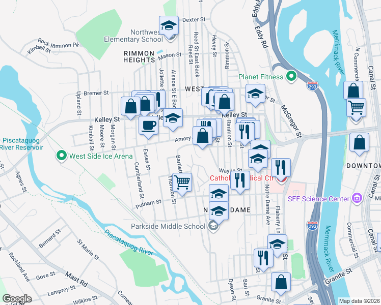 map of restaurants, bars, coffee shops, grocery stores, and more near 64 Valley West Way in Manchester
