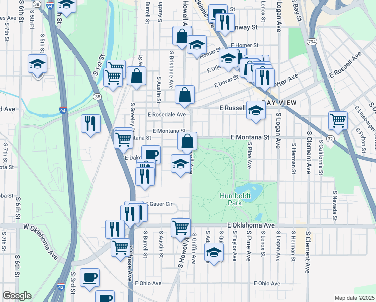 map of restaurants, bars, coffee shops, grocery stores, and more near 2835 South Howell Avenue in Milwaukee