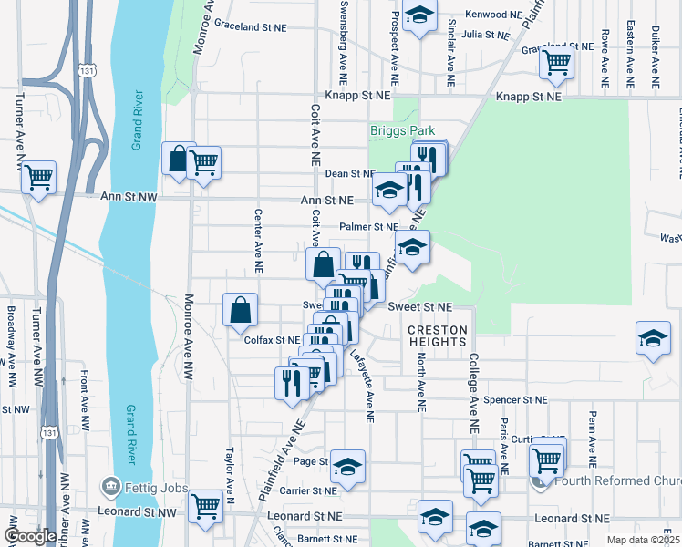 map of restaurants, bars, coffee shops, grocery stores, and more near 227 Dale Street Northeast in Grand Rapids