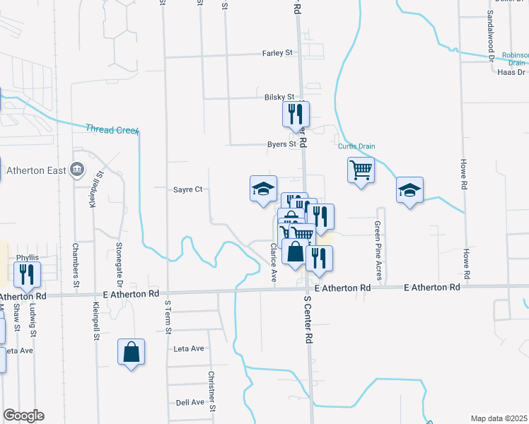 map of restaurants, bars, coffee shops, grocery stores, and more near 2400 Clarice Avenue in Burton