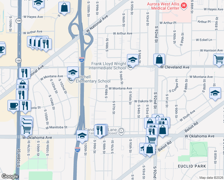 map of restaurants, bars, coffee shops, grocery stores, and more near 9705 West Montana Avenue in West Allis