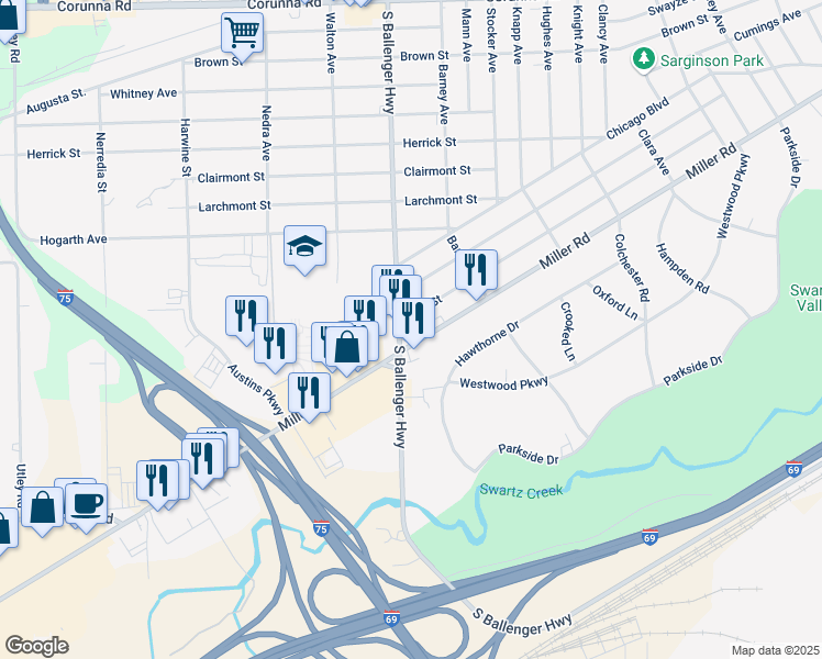 map of restaurants, bars, coffee shops, grocery stores, and more near 2113 South Ballenger Highway in Flint