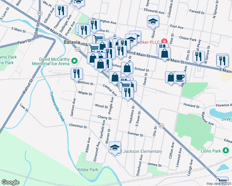 map of restaurants, bars, coffee shops, grocery stores, and more near 39 Central Avenue in Batavia