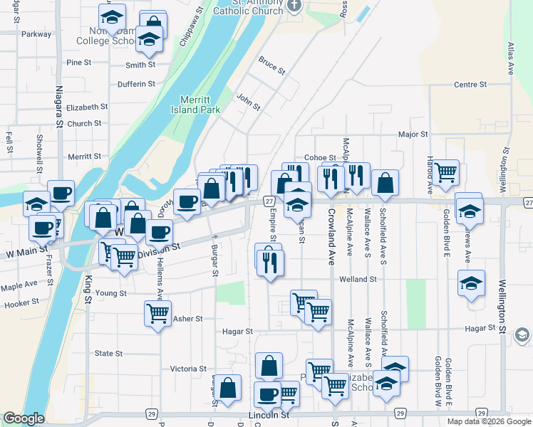 map of restaurants, bars, coffee shops, grocery stores, and more near 15 Empire Street in Welland