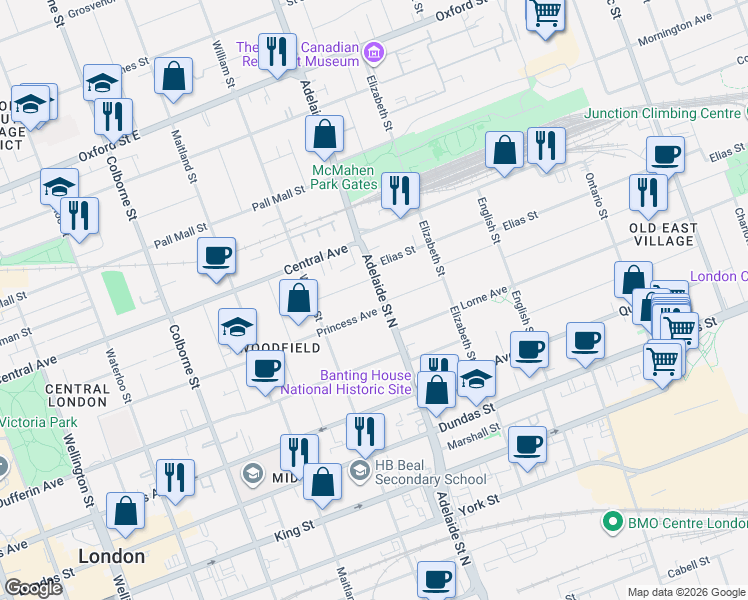 map of restaurants, bars, coffee shops, grocery stores, and more near 606 Princess Avenue in London