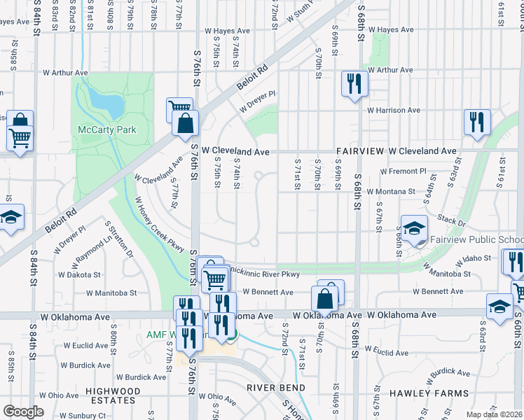 map of restaurants, bars, coffee shops, grocery stores, and more near 2838 South Cleveland Park Drive in West Allis