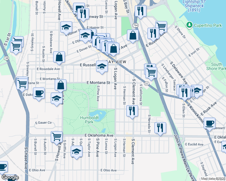 map of restaurants, bars, coffee shops, grocery stores, and more near 2837 South Logan Avenue in Milwaukee
