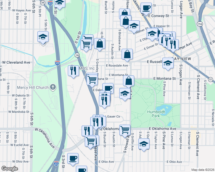 map of restaurants, bars, coffee shops, grocery stores, and more near 2832 S Burrell St in Milwaukee