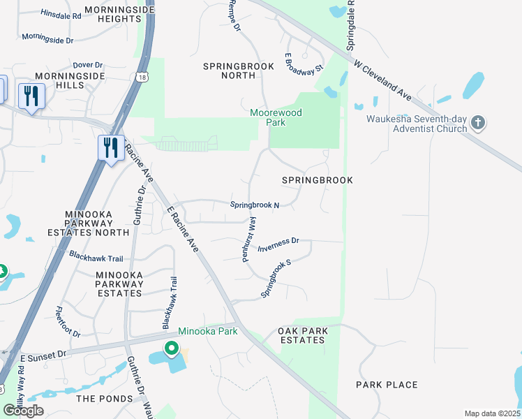 map of restaurants, bars, coffee shops, grocery stores, and more near 2007 Springbrook North in Waukesha