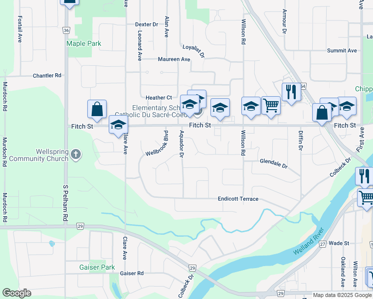 map of restaurants, bars, coffee shops, grocery stores, and more near 32 Aquador Drive in Welland