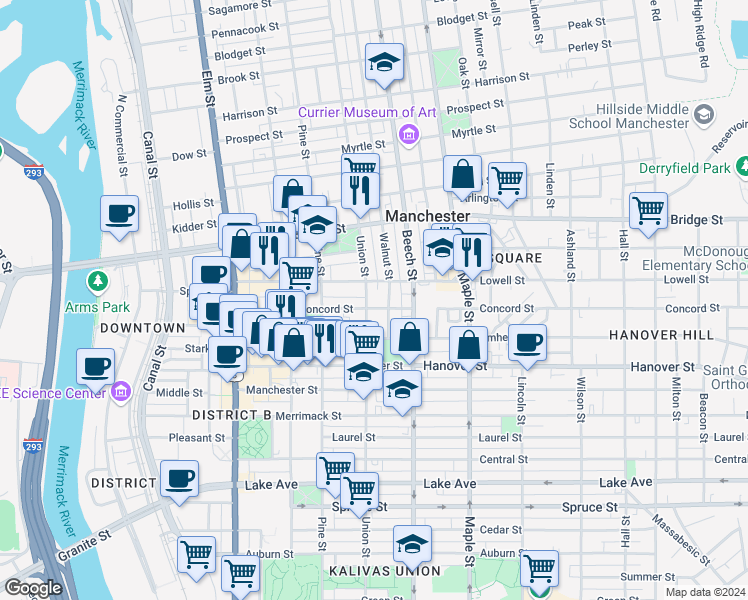 map of restaurants, bars, coffee shops, grocery stores, and more near 555 Union Street in Manchester