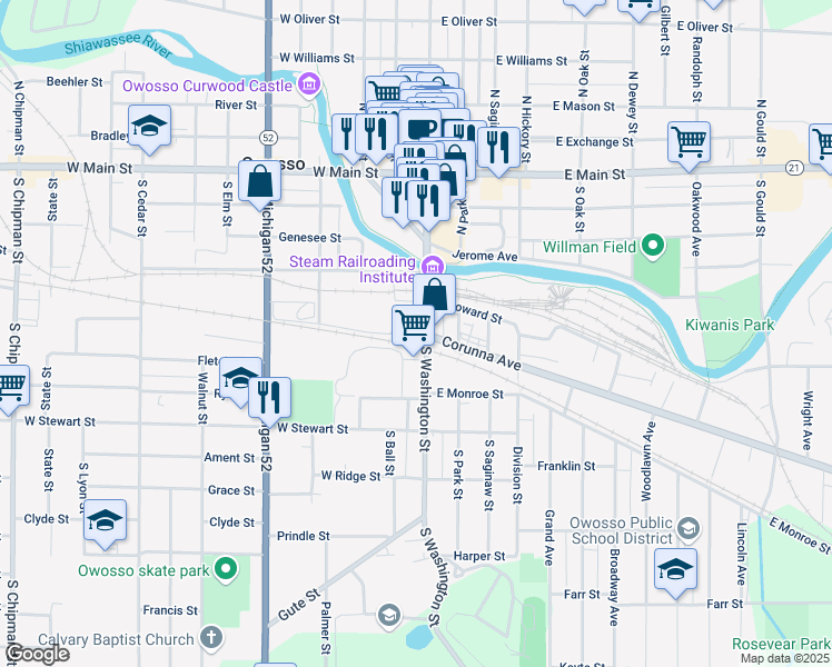 map of restaurants, bars, coffee shops, grocery stores, and more near 600 South Washington Street in Owosso