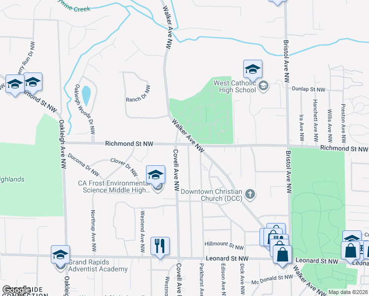 map of restaurants, bars, coffee shops, grocery stores, and more near 1560 Covell Avenue Northwest in Grand Rapids