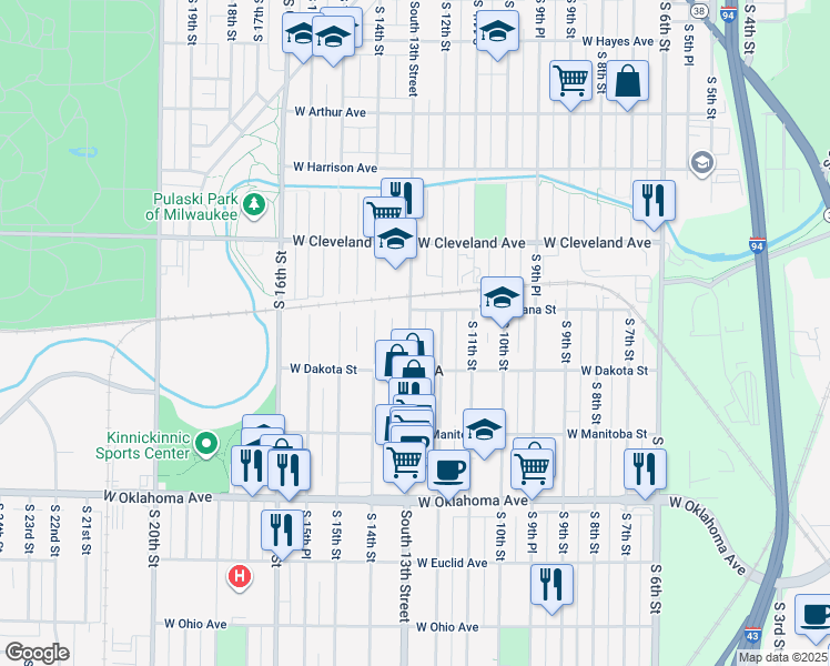 map of restaurants, bars, coffee shops, grocery stores, and more near 2828 South 13th Street in Milwaukee