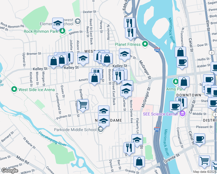 map of restaurants, bars, coffee shops, grocery stores, and more near 419 Hevey Street in Manchester