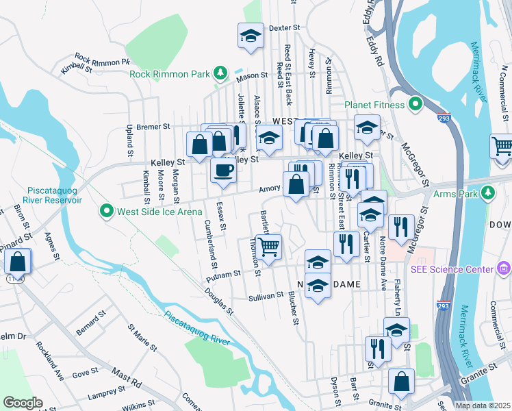 map of restaurants, bars, coffee shops, grocery stores, and more near 428 Amory Street in Manchester