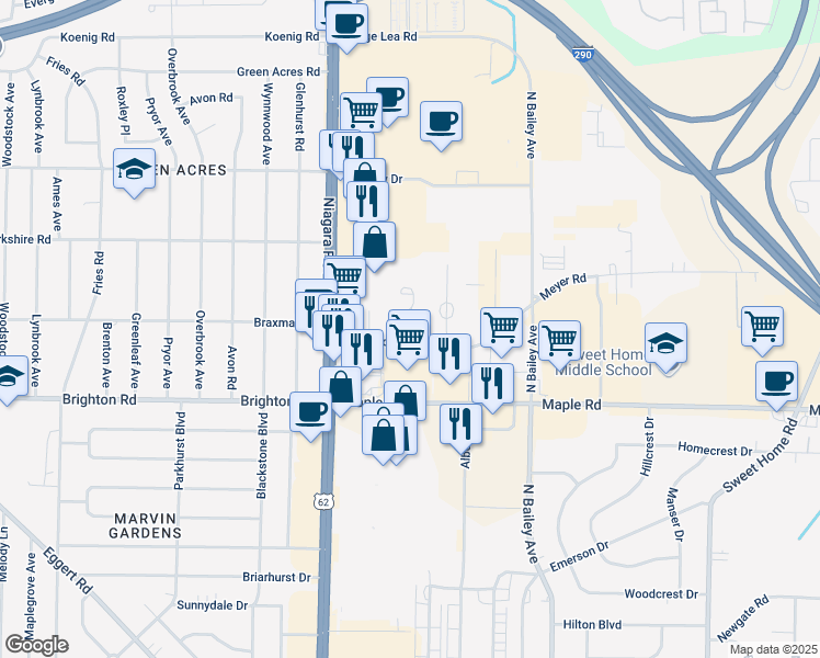 map of restaurants, bars, coffee shops, grocery stores, and more near 80 Meyer Road in Buffalo