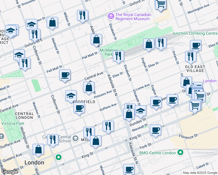 map of restaurants, bars, coffee shops, grocery stores, and more near 606 Princess Avenue in London