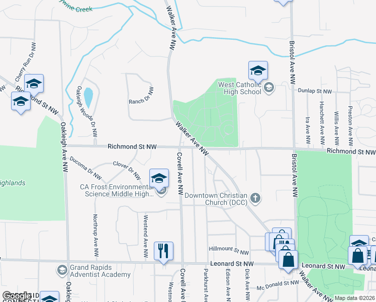 map of restaurants, bars, coffee shops, grocery stores, and more near 1560 Covell Avenue Northwest in Grand Rapids