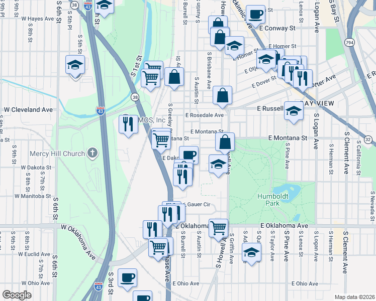 map of restaurants, bars, coffee shops, grocery stores, and more near 2832 South Burrell Street in Milwaukee