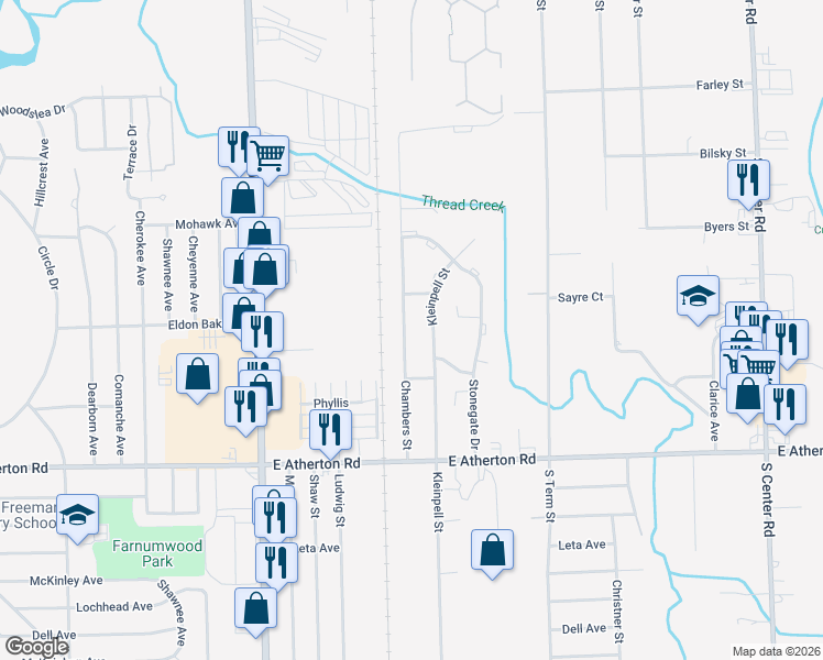 map of restaurants, bars, coffee shops, grocery stores, and more near 3305 Chambers Street in Flint