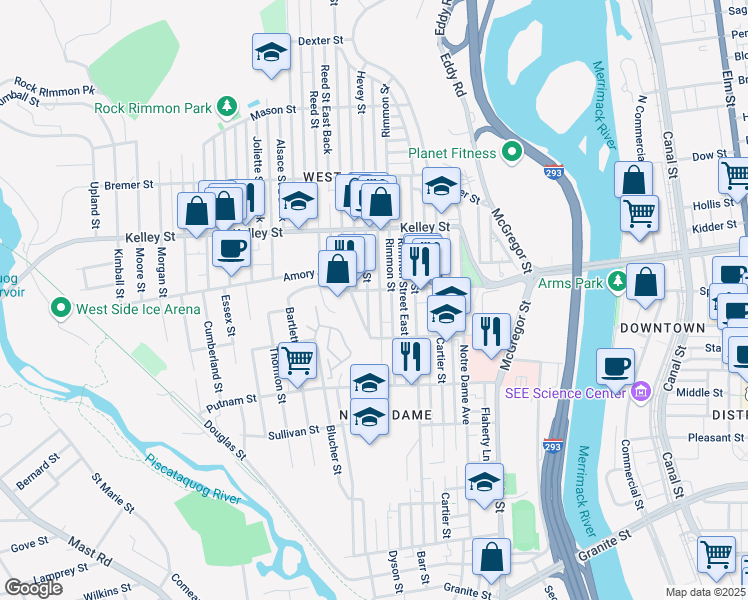map of restaurants, bars, coffee shops, grocery stores, and more near 419 Hevey Street in Manchester