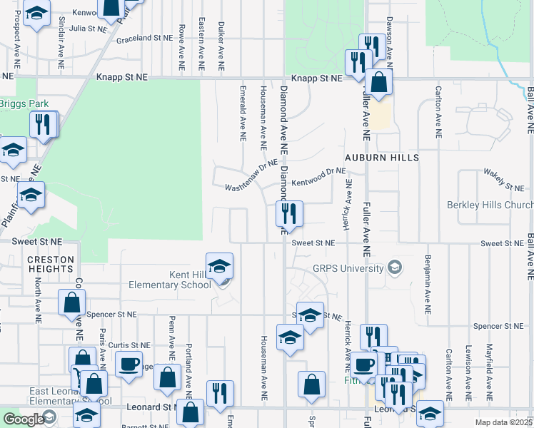 map of restaurants, bars, coffee shops, grocery stores, and more near 1646 Country Club Drive Northeast in Grand Rapids