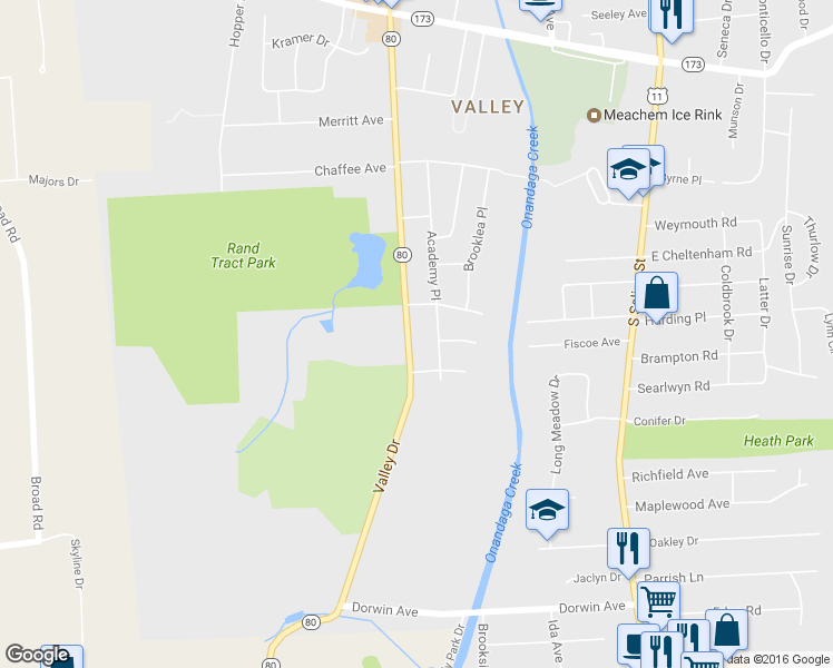 map of restaurants, bars, coffee shops, grocery stores, and more near 2221 Valley Dr in Syracuse