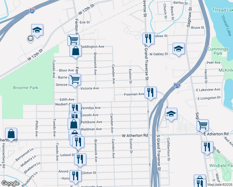 map of restaurants, bars, coffee shops, grocery stores, and more near 3119 Camden Avenue in Flint