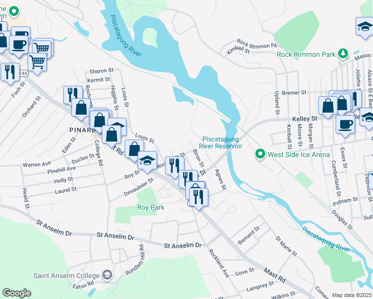 map of restaurants, bars, coffee shops, grocery stores, and more near 137 Roosevelt Street in Manchester
