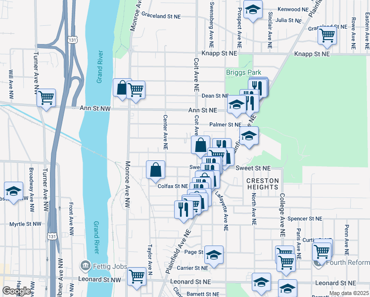 map of restaurants, bars, coffee shops, grocery stores, and more near 161 Dale Street Northeast in Grand Rapids