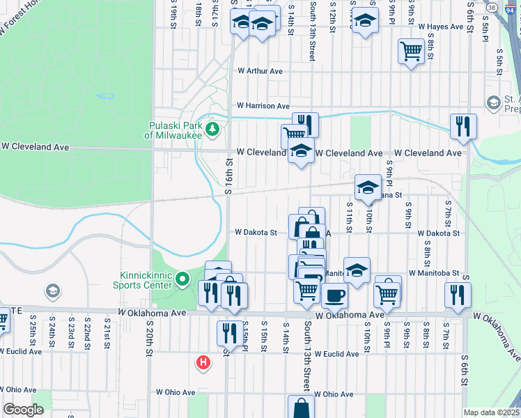 map of restaurants, bars, coffee shops, grocery stores, and more near 2833 S 15th St in Milwaukee