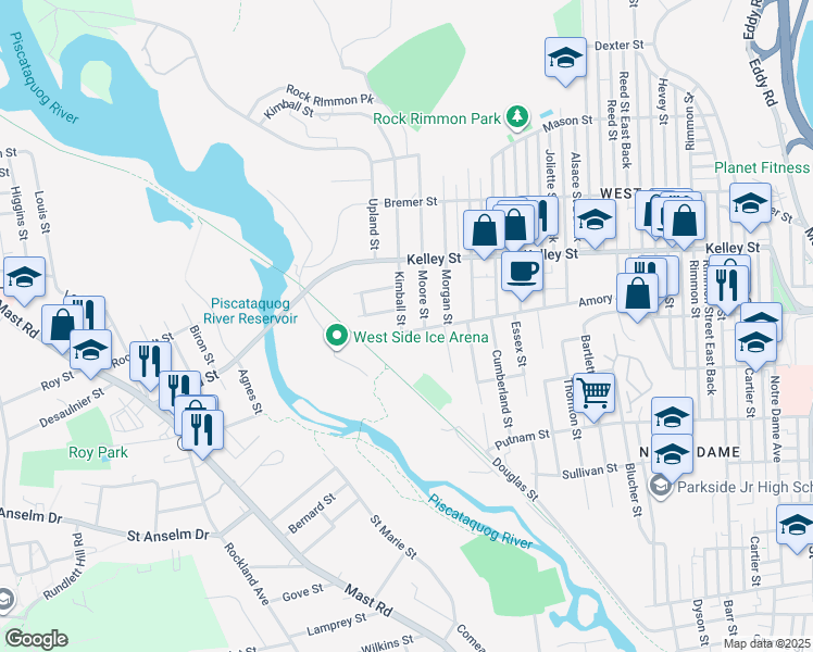 map of restaurants, bars, coffee shops, grocery stores, and more near 5 Kimball Street in Manchester