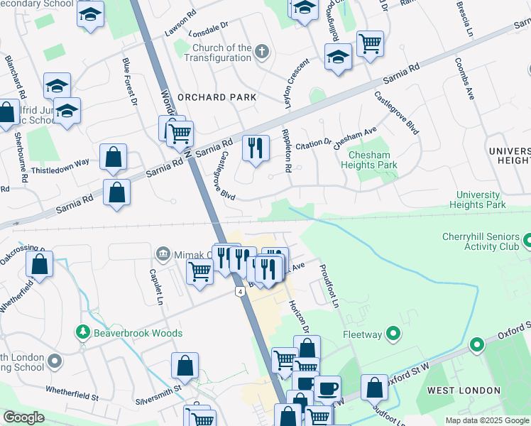map of restaurants, bars, coffee shops, grocery stores, and more near 441 Castlegrove Court in London