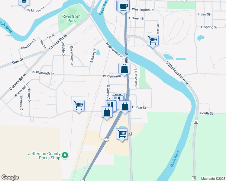 map of restaurants, bars, coffee shops, grocery stores, and more near 157 Chrysler Boulevard in Jefferson