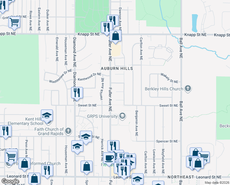 map of restaurants, bars, coffee shops, grocery stores, and more near 1210 Dale Court Northeast in Grand Rapids