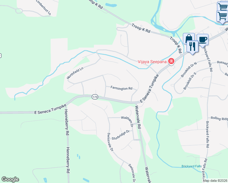 map of restaurants, bars, coffee shops, grocery stores, and more near 7648 Farmington Road in Manlius