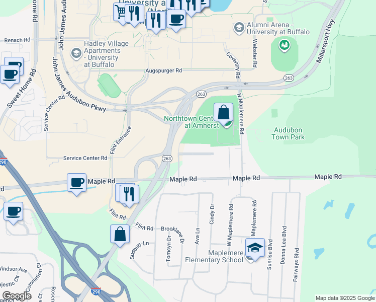 map of restaurants, bars, coffee shops, grocery stores, and more near 1525 Amherst Manor Drive in Buffalo