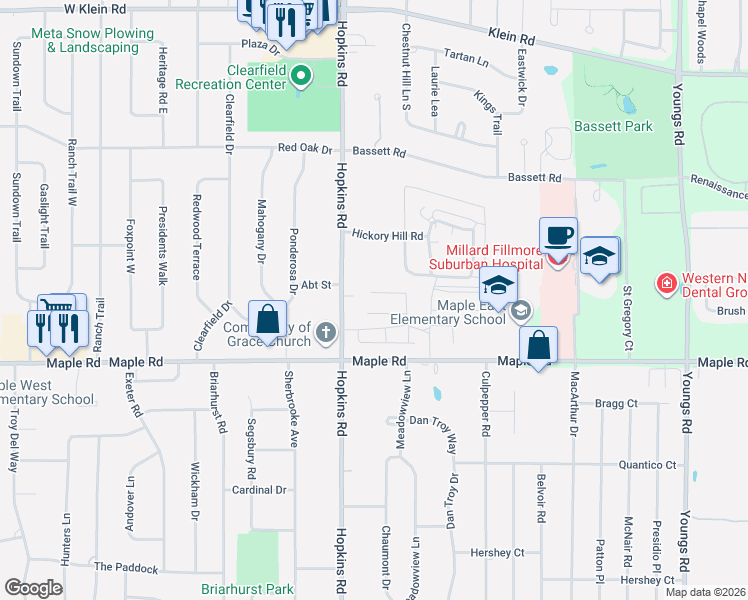 map of restaurants, bars, coffee shops, grocery stores, and more near 50 Hamlin Square in Buffalo