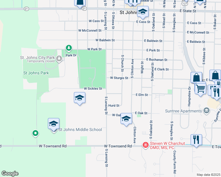 map of restaurants, bars, coffee shops, grocery stores, and more near 807 South Lansing Street in Saint Johns