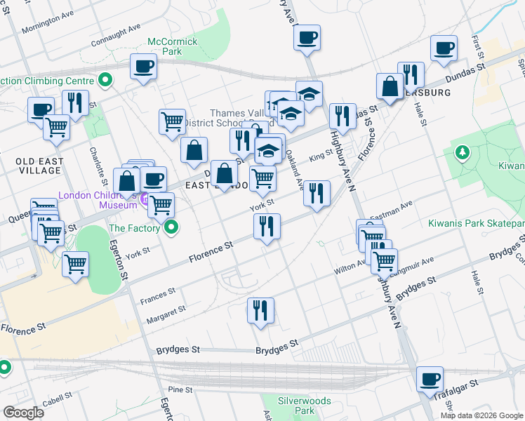 map of restaurants, bars, coffee shops, grocery stores, and more near 1193 York Street in London