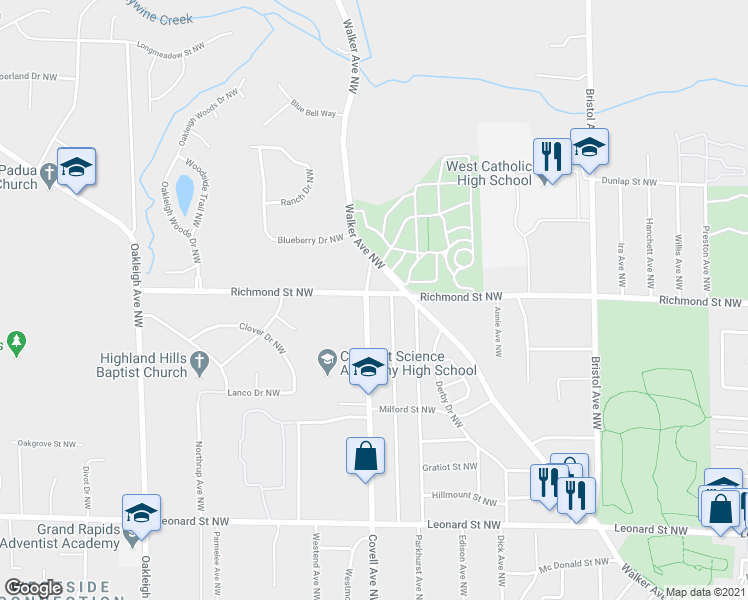 map of restaurants, bars, coffee shops, grocery stores, and more near 1560 Covell Avenue Northwest in Grand Rapids