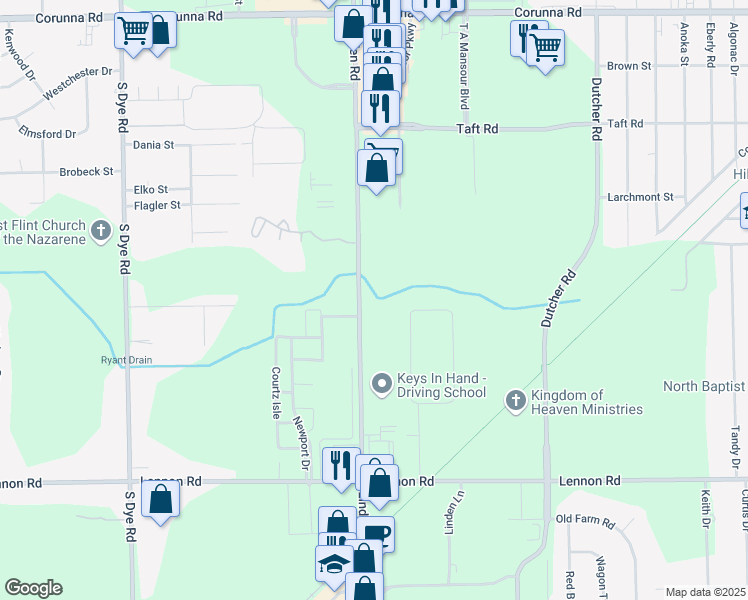 map of restaurants, bars, coffee shops, grocery stores, and more near 2335 South Linden Road in Flint