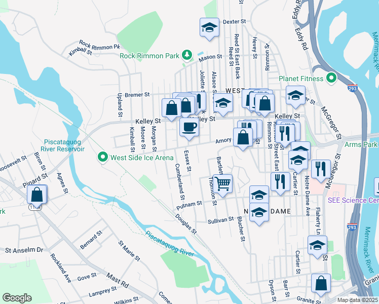 map of restaurants, bars, coffee shops, grocery stores, and more near 20 Essex Street in Manchester