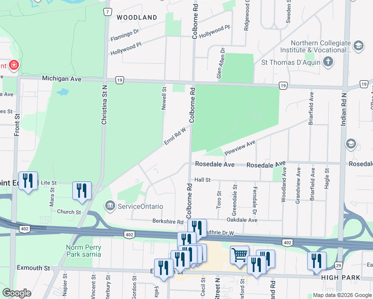 map of restaurants, bars, coffee shops, grocery stores, and more near 1025 Colborne Road in Sarnia