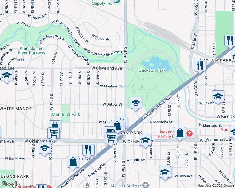 map of restaurants, bars, coffee shops, grocery stores, and more near 2832 South 44th Street in Milwaukee