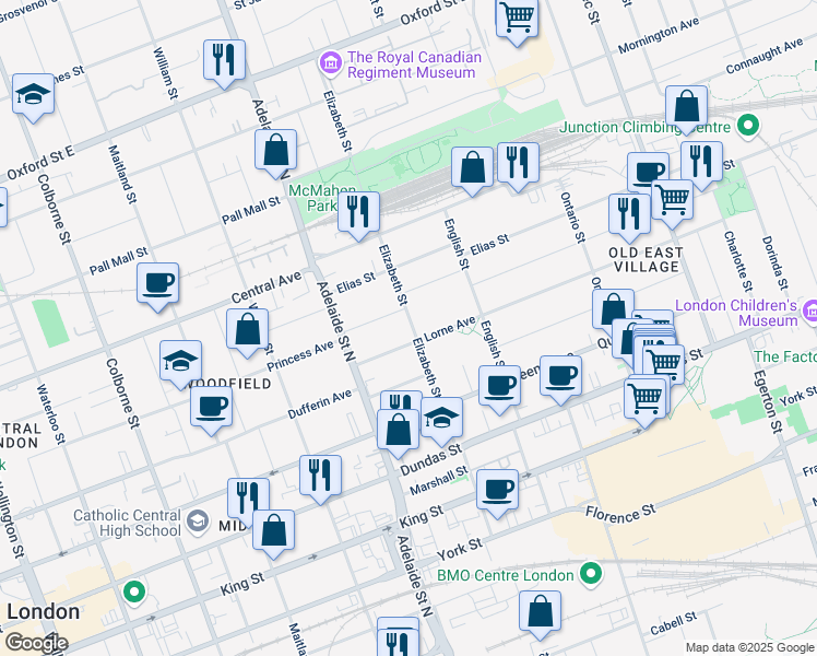 map of restaurants, bars, coffee shops, grocery stores, and more near 539 Elizabeth Street in London